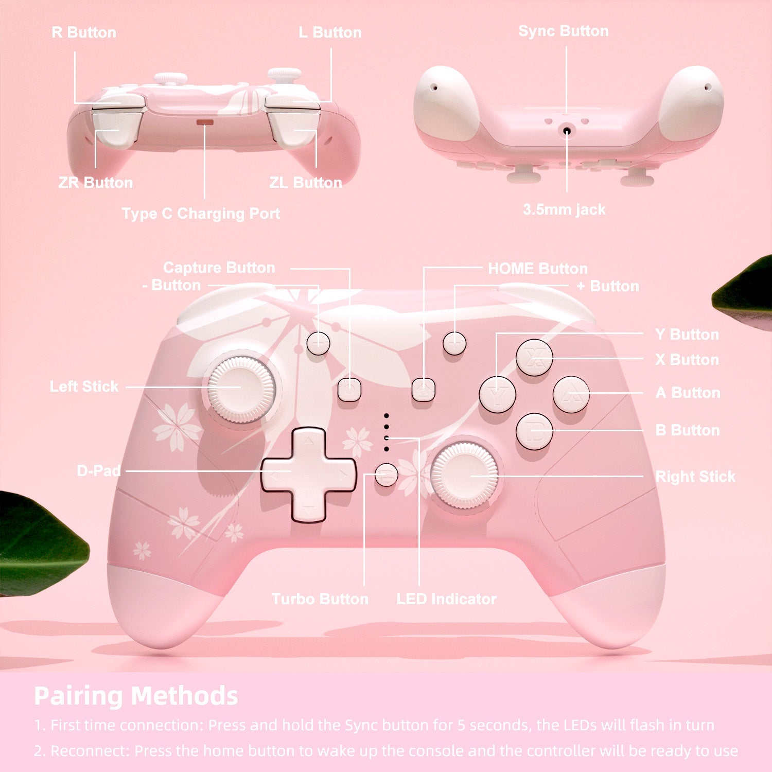 Mytrix Sakura Pink Cherry Wireless Switch Pro Controller for Nintendo Switch, the Newest Switch OLED, and Switch Lite Mytrix Sakura Pink Cherry Wireless Switch Pro Controller for Nintendo Switch, the Newest Switch OLED, and Switch Lite